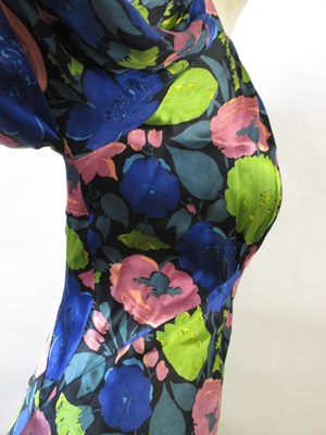 Lot 12 - A 1930's floral satin dress, with rounded...