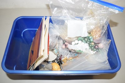 Lot 79 - One box of mixed costume jewellery, postcards etc