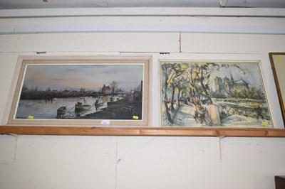 Lot 208 - R J Scott, study of a river scene with moored...