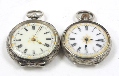 Lot 230 - Two white metal fob watches, both watches are...