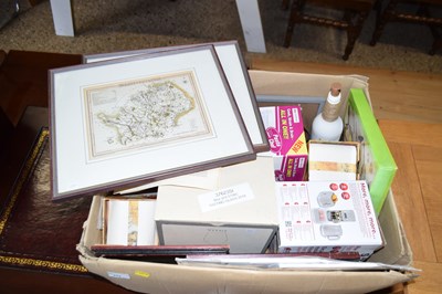 Lot 272 - One box of various kitchen wares, framed maps...