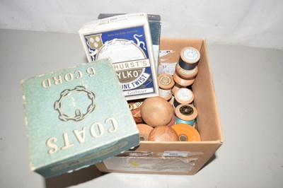 Lot 502 - A box of various vintage cotton reels, vintage...