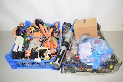Lot 558 - Two boxes of various Action Man toys, dolls,...
