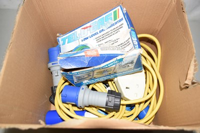 Lot 587 - Box of various 110v cable adaptors, gas...