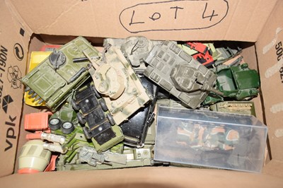 Lot 625 - One box of various die cast tanks and other...
