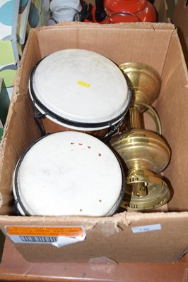 Lot 736 - Bongo drums and a brass table lamp