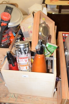 Lot 753 - One box of various kitchen wares, soda syphons...
