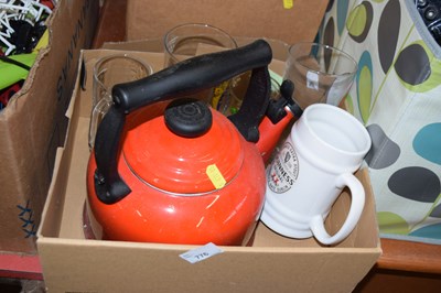 Lot 776 - Box of Le Creuset kettle and various glass wares