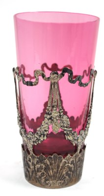 Lot 128 - A 19th Century cranberry glass tumbler fitted...