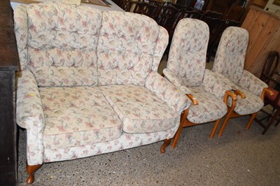Lot 272 - Wing back floral upholstered sofa and pair of...