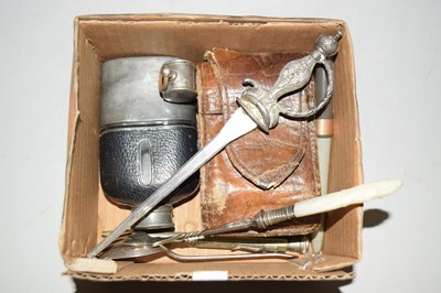 Lot 109 - A box of mixed items to include small hipflask,...