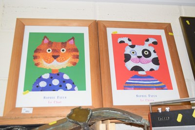 Lot 553 - A pair of Sophie Fatus cat prints, pine frames