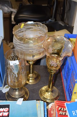 Lot 649 - Three brass and glass shaded candle lamps