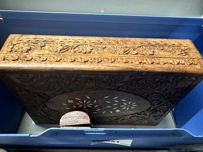 Lot 651 - Inlaid and carved wooden box, miniature...