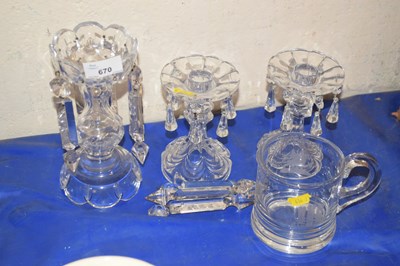 Lot 670 - Three candle lustres and a commemorative glass...