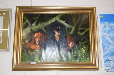 Lot 674 - An oil painting of three Dachshunds