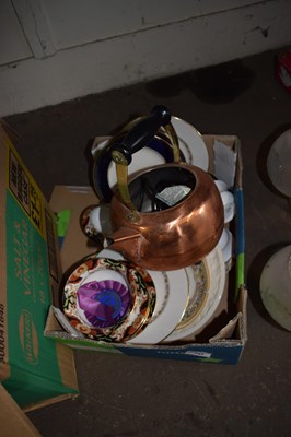 Lot 745 - Copper kettle and various decorated plates,...