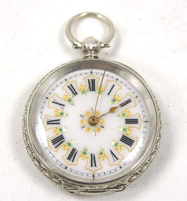 Lot 222 - A white metal fob watch stamped inside the...