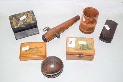 Lot 113 - Mixed Lot: Turned wooden dice shaker, beer tap,...