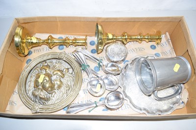 Lot 145 - Mixed Lot: Brass candlesticks, lions head door...