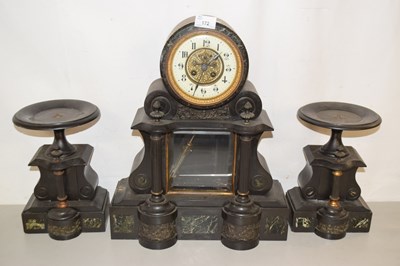 Lot 172 - Victorian black slate three piece clock garniture