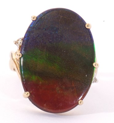 Lot 86 - Modern 9ct gold iridescent stone dress ring,...