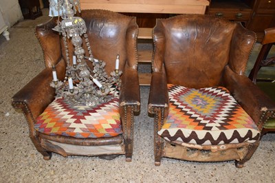 Lot 242A - A pair of leather club type chairs with Kelim...