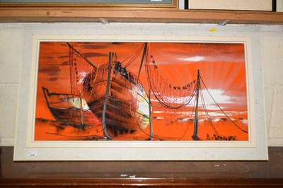 Lot 334 - A retro mixed media study on fabric moored...