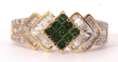 Lot 106 - Modern 9ct gold, diamond and green stone ring...