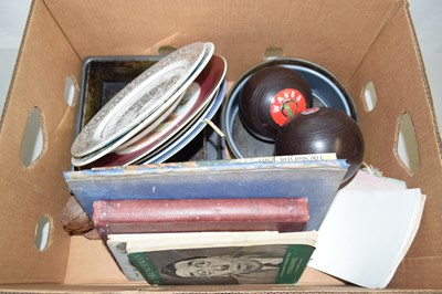 Lot 579 - Box of mixed items to include lawn bowls,...