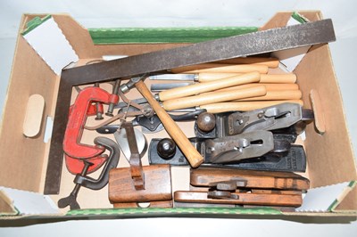 Lot 585 - A box of various woodworking tools, planes etc