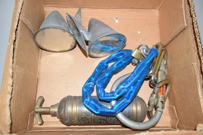 Lot 627 - A vintage brass fire extinguisher, chain lock,...