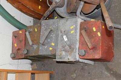 Lot 763 - Five various metal fuel cans marked BP, Roys,...