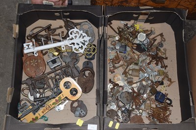 Lot 770 - Two boxes of various keys, padlocks, key racks...