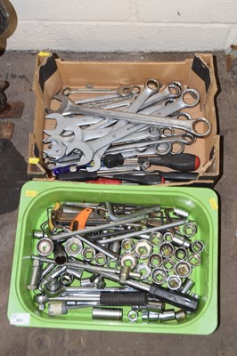 Lot 801 - Two boxes of various sockets, spanners etc