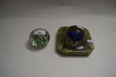 Lot 85 - TWO PAPERWEIGHTS AND A POLISHED ONYX ASHTRAY