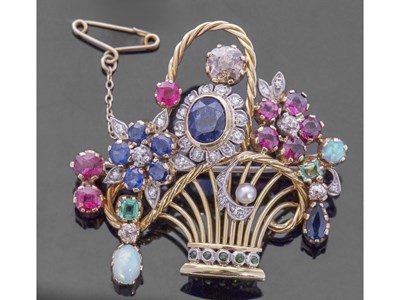 Lot 197 - Precious gem set brooch of basket and flower...