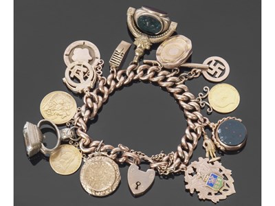 Lot 225 - 9ct rose gold curb link bracelet, suspending...