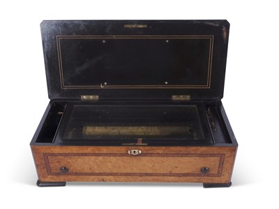 Lot 396 - Large Swiss music box veneered with birds eye...