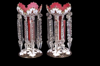 Lot 5 - Pair of cranberry table lustres with white...