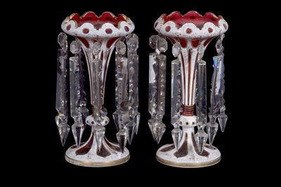 Lot 8 - Pair of cranberry table lustres with white...