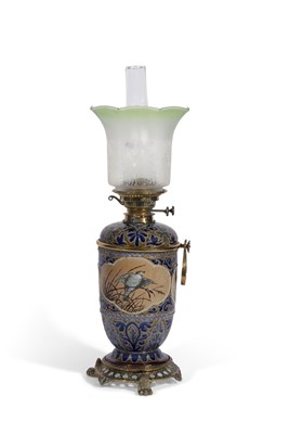 Lot 50 - Doulton oil Lamp decorated with panels of...