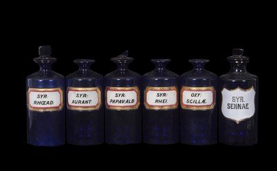 Lot 49 - Group of six blue glass drug jars, some with...