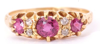 Lot 9 - Antique ruby and diamond ring featuring three...