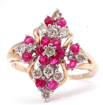 Lot 50 - Modern ruby and diamond dress ring of marquis...