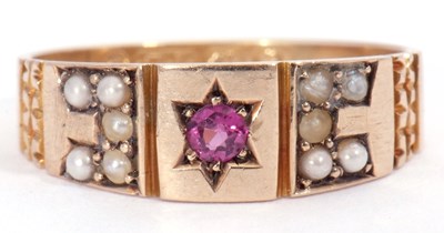 Lot 57 - Antique 9ct gold ruby and seed pearl ring...