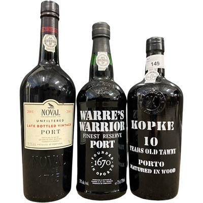 Lot 542 - Three bottles of port-Noval LBV, 2001, Kopke 10 years old Tawny port and Warres Warroir Finest reserve port