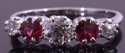 Lot 113 - Diamond and ruby five stone ring centring a...