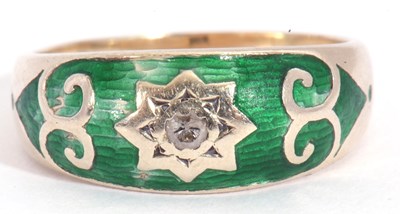 Lot 141 - 9ct gold green enamel and diamond ring...