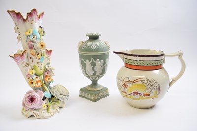 Lot 415 - Pearlware jug with inscription, green Wedgwood...